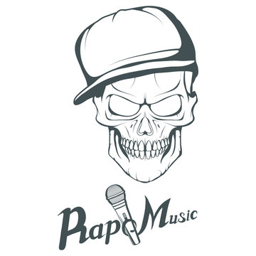 Rap music logo. Rapper skull on white background. Lettering with a microphone. Vector graphics to design.