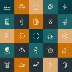Modern Simple Set of science, time, education Vector outline Icons. Contains such Icons as  astronomy,  fashion,  system,  clock and more on vintage colors background. Fully Editable. Pixel Perfect.