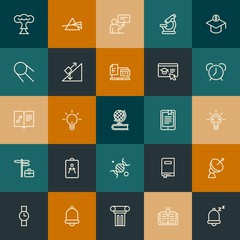 Modern Simple Set of science, time, education Vector outline Icons. Contains such Icons as  vision,  color,  bookmark,  alert and more on vintage colors background. Fully Editable. Pixel Perfect.