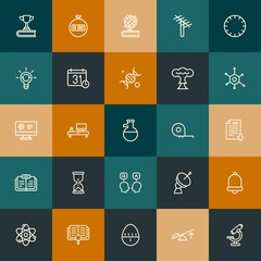 Modern Simple Set of science, time, education Vector outline Icons. Contains such Icons as  earth,  technology,  atom,  stopwatch and more on vintage colors background. Fully Editable. Pixel Perfect.