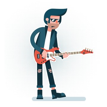 Cartoon rock musician in  leather jacket, sunglasses, torn jeans  playing on red bass guitar. Flat style.