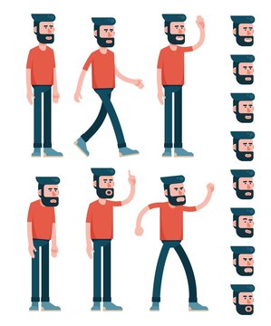 Character male with beard, dressed in red T-shirt. Various poses half turn view. And set of faces with emotions. Flat style. Limbs saved as paths for easy editing.