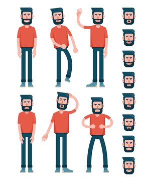 Bearded flat man character in T-shirt is standing, walking, waving his hand, sad, puzzled, angry. And set of faces with different emotions.