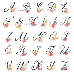Beautiful floral letters in alphabetical order. Vector colorful flower font.