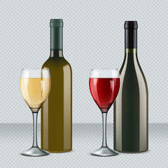Glasses of wine and bottles isolated on transparent background. 3d realistic vector image