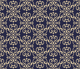Wallpaper in the style of Baroque. A seamless vector background. Blue and gold floral ornament. Graphic vector pattern © ELENA
