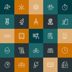 Modern Simple Set of science, time, education Vector outline Icons. Contains such Icons as  chemistry, announcement, clock,  lab and more on vintage colors background. Fully Editable. Pixel Perfect.