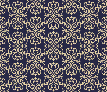 Wallpaper in the style of Baroque. A seamless vector background. Blue and gold floral ornament. Graphic vector pattern