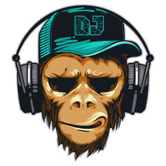 Music fan hipster monkey in headphone. DJ chimpanzee © dan177