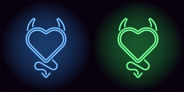 Neon devil heart in blue and green color
