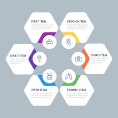 Obraz premium Flat geometric health, kids_and_toys infographic steps template with 6 options for presentations, advertising, annual reports.