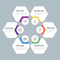 Flat geometric health, kids_and_toys infographic steps template with 6 options for presentations, advertising, annual reports.