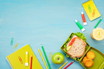 Fresh sandwich and apple for healthy lunch in the plastic lunch box