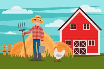 Farmer with pitchfork and bucket. Chicken walking on green meadow. Heaps of hay, fence and barn on background. Rural landscape. Flat vector