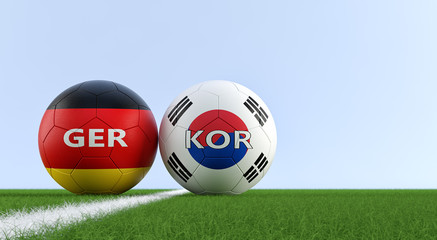 Germany vs. South Korea Soccer Match - Soccer balls in Germanys and South Korean national colors on a soccer field. Copy space on the right side - 3D Rendering 