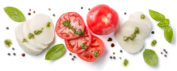 Italian cuisine concept - caprese salad ingredients isolated on white - obrazy, fototapety, plakaty