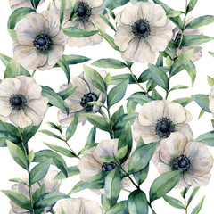 Fototapety  Akwarela bezszwowe wzór z klasycznym anemonem. Ręcznie malowane biały kwiat abd liście eukaliptusa na białym tle. Ilustracja do projektowania, tkaniny, druku lub tła.