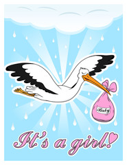 Vector illustration. Stork delivers baby girl.