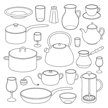 Kitchen utensils and dishes set.