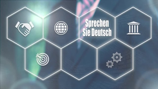 A businessman pressing a Do You Speak German "Sprechen Sie Deutsch" button in German on a futuristic computer  display