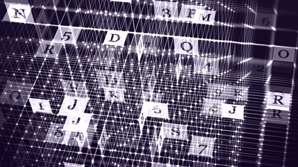  tech Alphabet letters and numbers randomly thrown in digital space creating an abstract digital background with noise and distortion