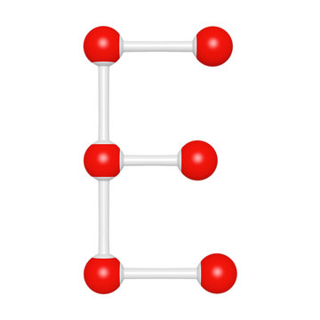 Molecule structure like capital letter E on white background, 3D rendered font image for education typography