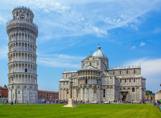 Views from Pisa, Italy. Leaning Tower next to the Pisa Cathedral. 