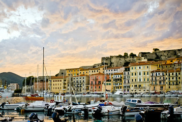 Harbor and village Portoferraio at sunset, Elba islands, Tuscany, Italy.