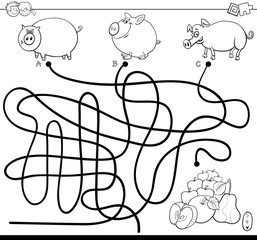 maze with pigs and apples color book