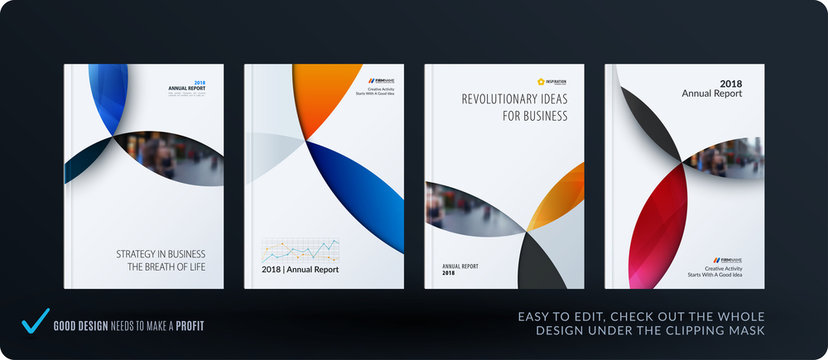 Material design template with colourful circles intersections. Creative abstract brochure set, annual report