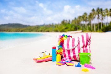 Beach bag with swimming accessories. Sea vacation.