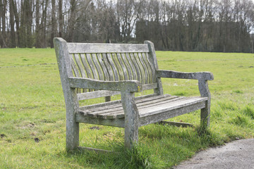 Old bench on the edge of a field with trees in the background