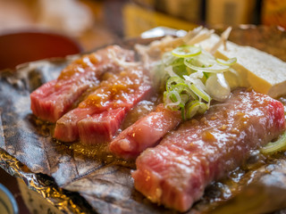Grilled beef on leaf in Japan