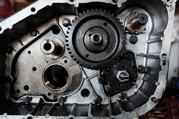 engine crankcase in repair