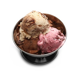 Raspberry, vanilla ice cream balls, scoops with chocolate shavings in metal bowl isolated on white background