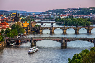 Fototapeta na wymiar Prague city, Czech Republic. River bridges panorama