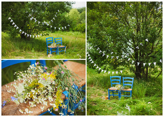 Collage of three photos of wedding decor for photobooth. 2 blue painted wooden chairs, hanging handmade paper garland and bouquet of wild field flowers. 