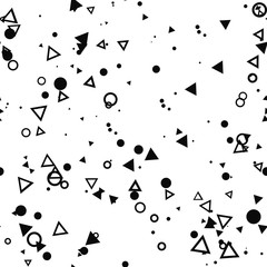 Abstract seamless pattern with black chaotic small circles and triangles. Infinity messy geometric pattern. Vector illustration. 