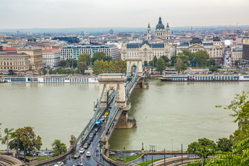 Fototapeta na wymiar wide angle aerial view of Budapest, Hungary, with Danube river 