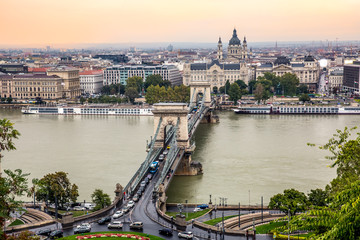 wide angle aerial view of Budapest, Hungary, with Danube river 