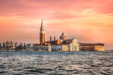 Sunset in San Marco square, Venice, Italy. Venice Grand Canal. Venice postcard with gondolas