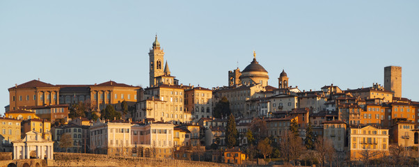 Bergamo, Italy. Landscape on the old town located on the top of the hill from the new city (downtown) at the sunrise
