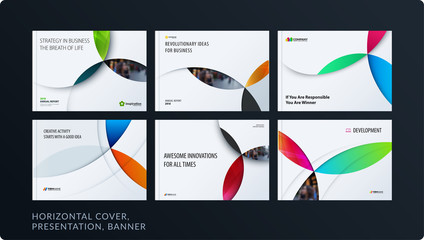 Material design presentation template with colourful circles intersections. Abstract vector set of modern horizontal banners
