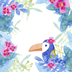 Watercolor illustration. Frame with tropical stylized leaves, flowers and toucan