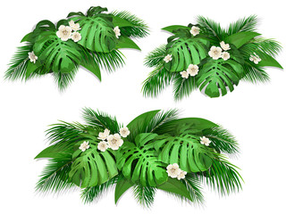 Naklejka premium Summer composition with exotic leaves. Set of bush tropical palm leaves, monstera and flowers for web page background, wallpaper, textile or poster.