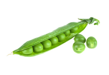 Green pea pod and beans isolated on a white background
