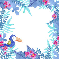 Fototapeta na wymiar Watercolor illustration. Frame with tropical stylized leaves and toucan