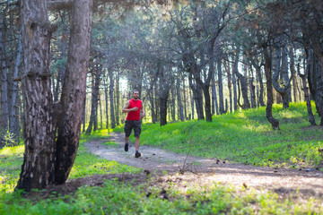 Man running fast in the forest, free space for your text.