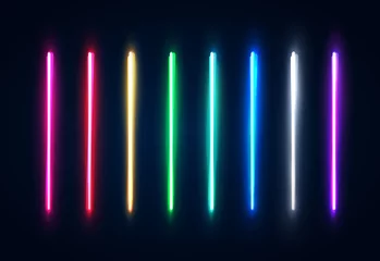 Fotobehang Halogen or led light lamps elements pack for night party or game design. Neon light tubes set. Colorful glowing lines or borders collection isolated on dark blue background. Color vector illustration. © julkirio