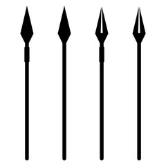Simple, flat, black and white spear silhouette illustration. Four variations. Isolated on white